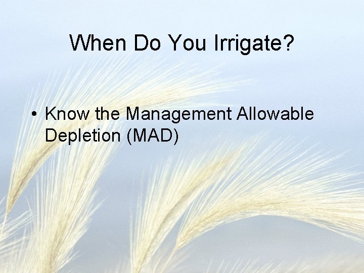When Do You Irrigate? • Know the Management Allowable Depletion (MAD) 