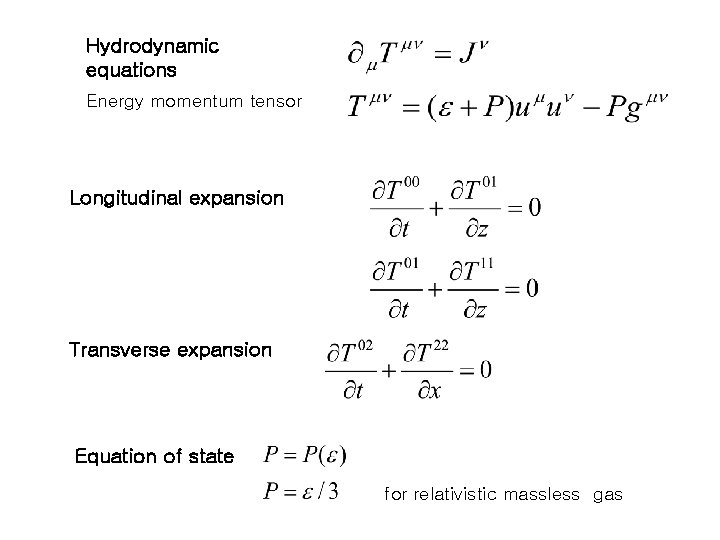 Hydrodynamic equations Energy momentum tensor Longitudinal expansion Transverse expansion Equation of state for relativistic