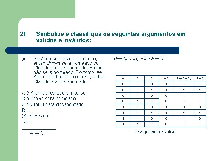 2) (i) Simbolize e classifique os seguintes argumentos em válidos e inválidos: Se Allen