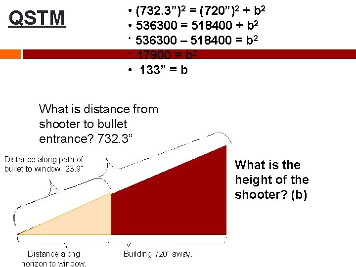 QSTM • (732. 3”)2 = (720”)2 + b 2 • 536300 = 518400 +