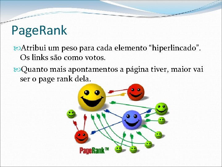 Page. Rank Atribui um peso para cada elemento “hiperlincado”. Os links são como votos.