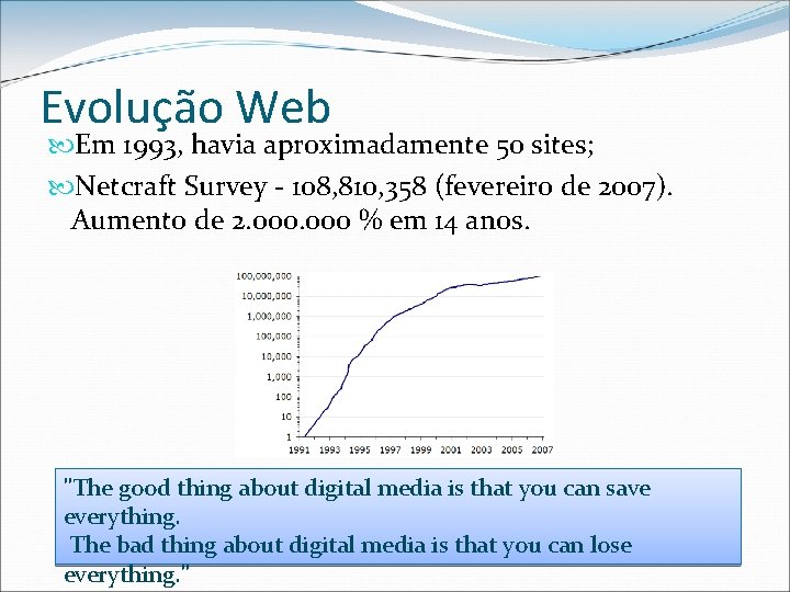 Evolução Web Em 1993, havia aproximadamente 50 sites; Netcraft Survey - 108, 810, 358