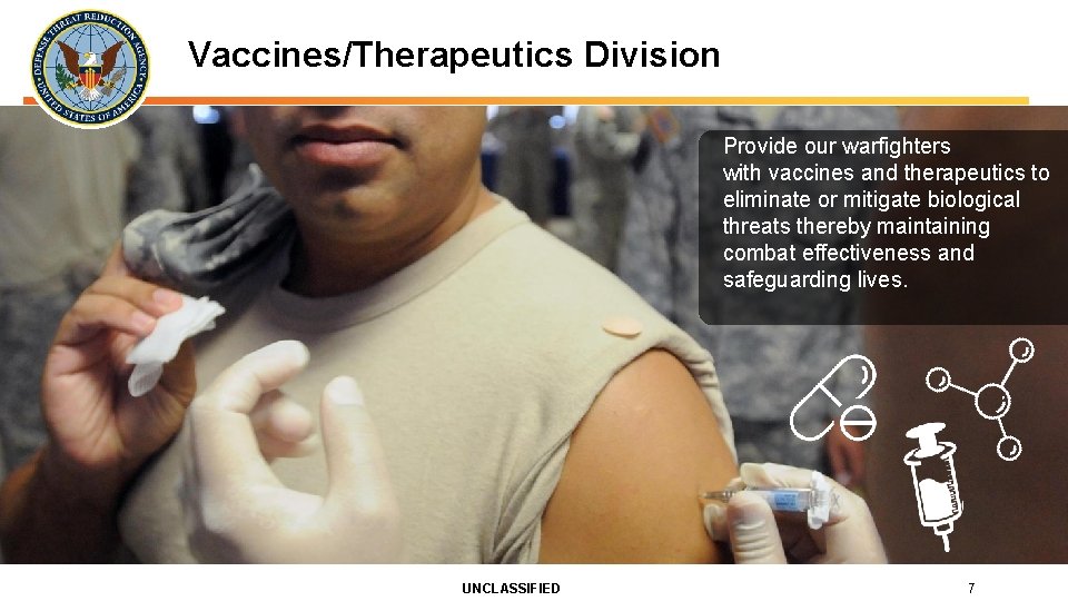 Vaccines/Therapeutics Division Provide our warfighters with vaccines and therapeutics to eliminate or mitigate biological