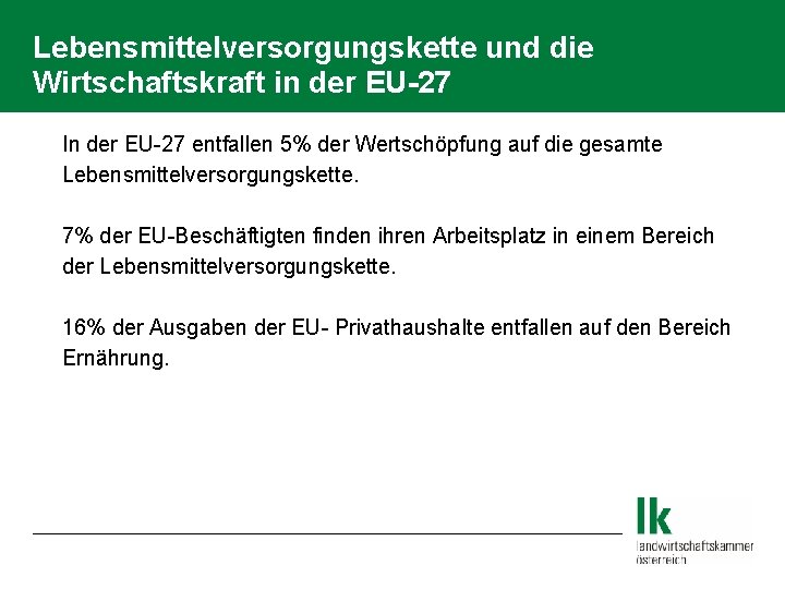 Lebensmittelversorgungskette und die Wirtschaftskraft in der EU-27 In der EU-27 entfallen 5% der Wertschöpfung