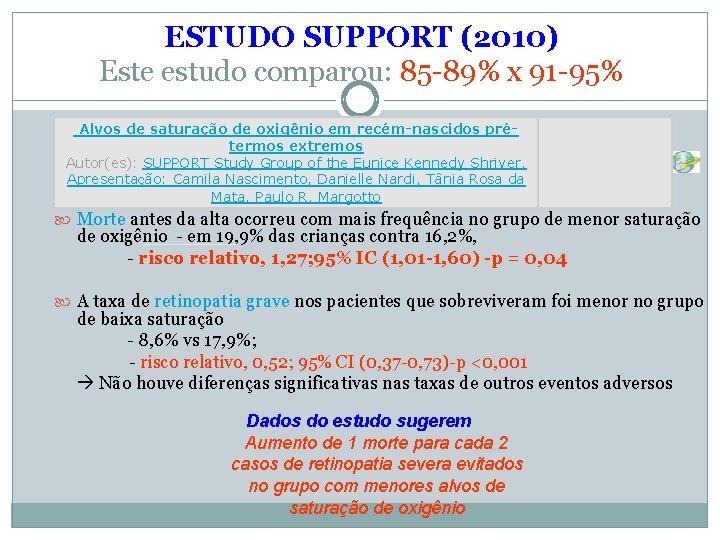 ESTUDO SUPPORT (2010) Este estudo comparou: 85 -89% x 91 -95% Alvos de saturação