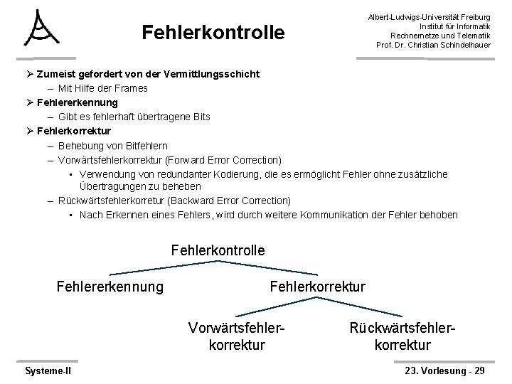 Albert-Ludwigs-Universität Freiburg Institut für Informatik Rechnernetze und Telematik Prof. Dr. Christian Schindelhauer Fehlerkontrolle Ø