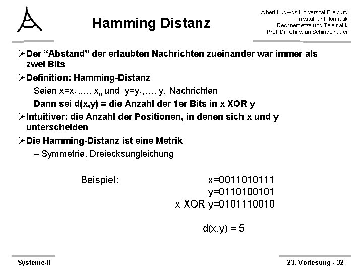 Hamming Distanz Albert-Ludwigs-Universität Freiburg Institut für Informatik Rechnernetze und Telematik Prof. Dr. Christian Schindelhauer
