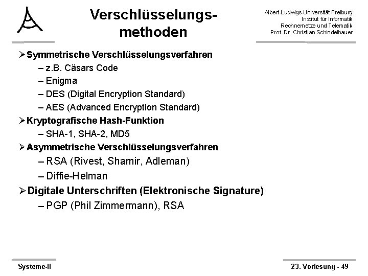 Verschlüsselungsmethoden Albert-Ludwigs-Universität Freiburg Institut für Informatik Rechnernetze und Telematik Prof. Dr. Christian Schindelhauer ØSymmetrische