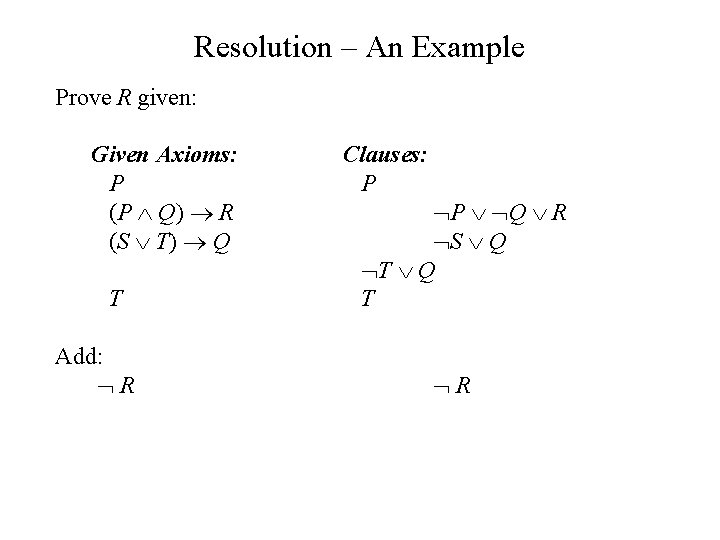 Resolution – An Example Prove R given: Given Axioms: P (P Q) R (S
