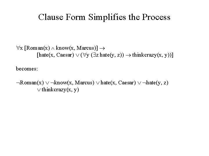 Clause Form Simplifies the Process x [Roman(x) know(x, Marcus)] [hate(x, Caesar) ( y (