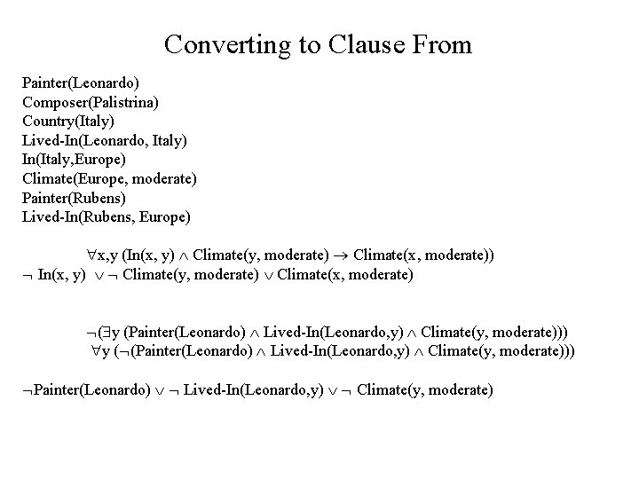 Converting to Clause From Painter(Leonardo) Composer(Palistrina) Country(Italy) Lived-In(Leonardo, Italy) In(Italy, Europe) Climate(Europe, moderate) Painter(Rubens)