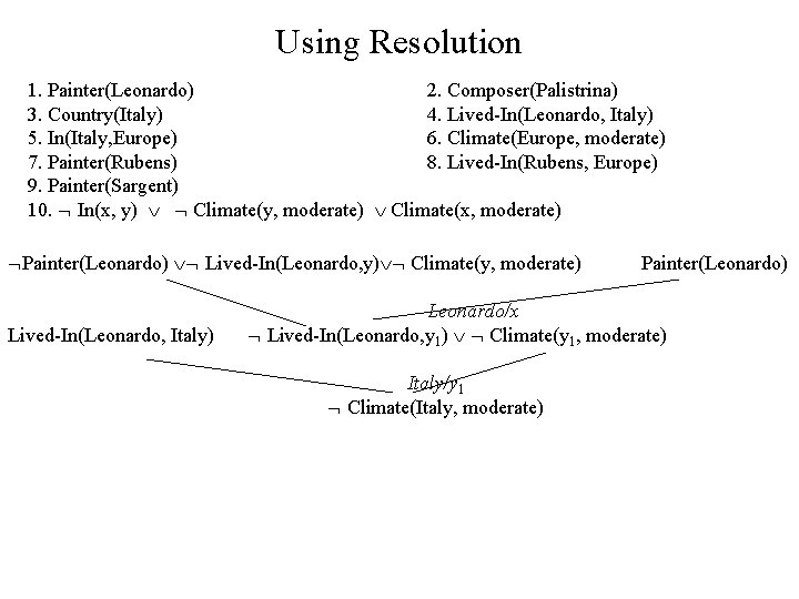 Using Resolution 1. Painter(Leonardo) 2. Composer(Palistrina) 3. Country(Italy) 4. Lived-In(Leonardo, Italy) 5. In(Italy, Europe)