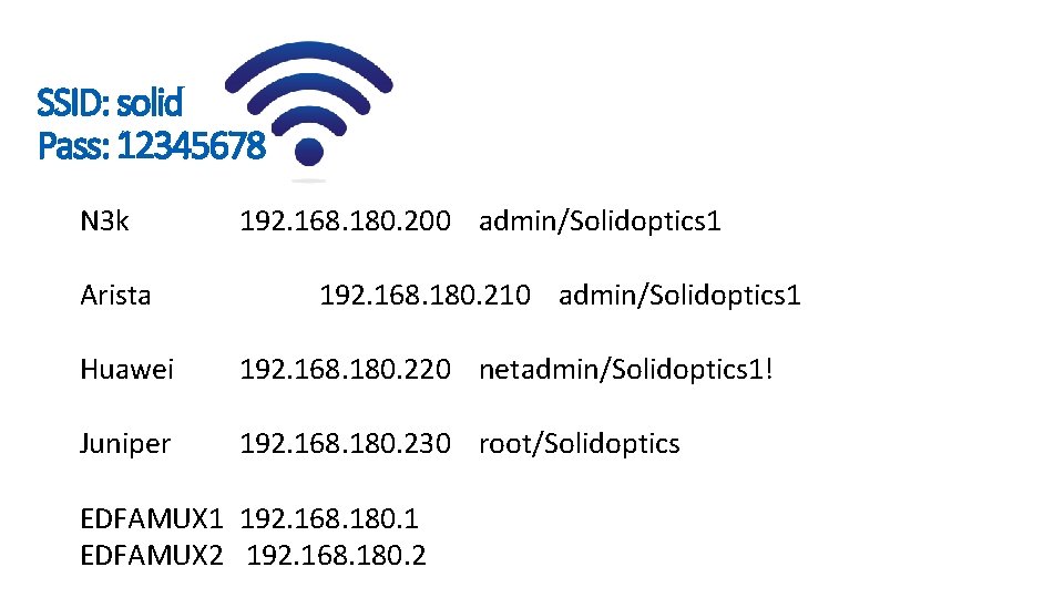 SSID: solid Pass: 12345678 N 3 k Arista 192. 168. 180. 200 admin/Solidoptics 1