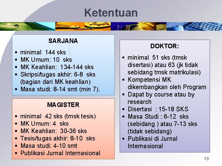 Ketentuan SARJANA § § minimal 144 sks MK Umum: 10 sks MK Keahlian: 134