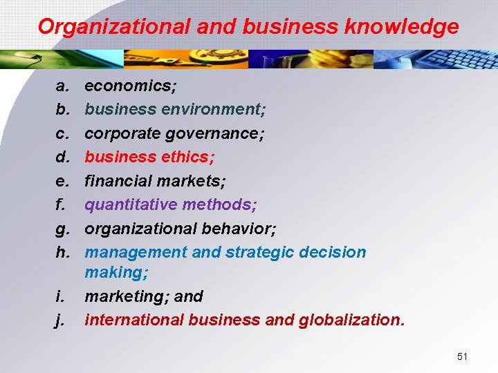 Organizational and business knowledge a. b. c. d. e. f. g. h. i. j.