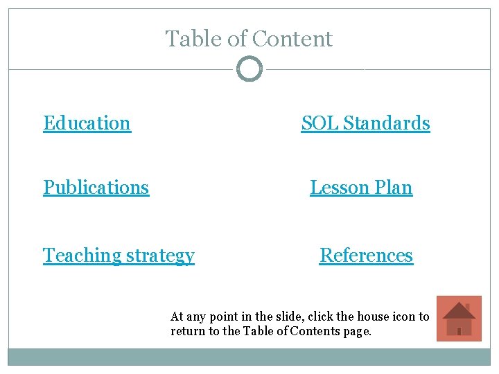 Table of Content Education SOL Standards Publications Lesson Plan Teaching strategy References At any