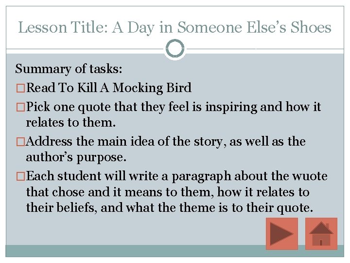 Lesson Title: A Day in Someone Else’s Shoes Summary of tasks: �Read To Kill
