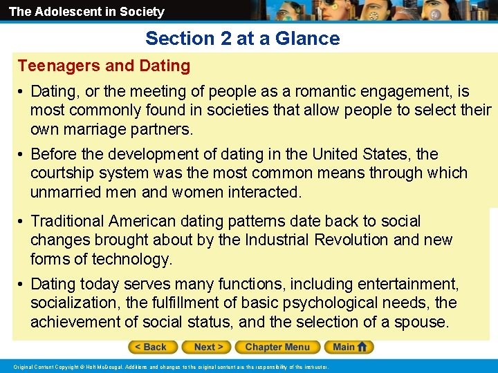 The Adolescent in Society Section 2 at a Glance Teenagers and Dating • Dating,