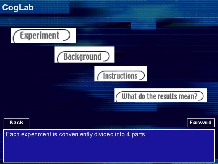 Cog. Lab Back Each experiment is conveniently divided into 4 parts. Forward 