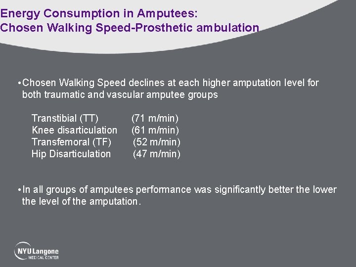 Energy Consumption in Amputees: Chosen Walking Speed-Prosthetic ambulation • Chosen Walking Speed declines at