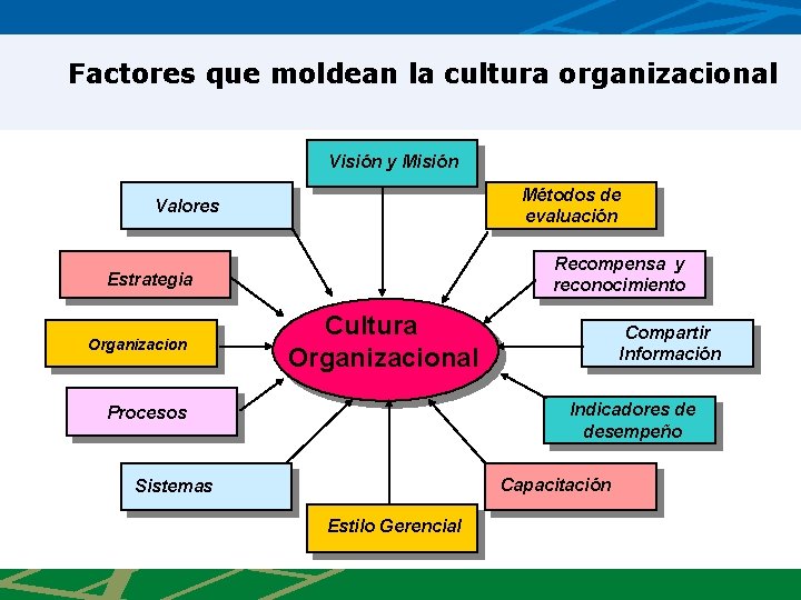 Factores que moldean la cultura organizacional Visión y Misión Métodos de evaluación Valores Recompensa