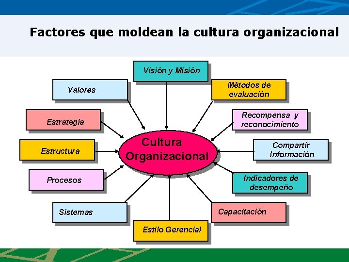 Factores que moldean la cultura organizacional Visión y Misión Métodos de evaluación Valores Recompensa