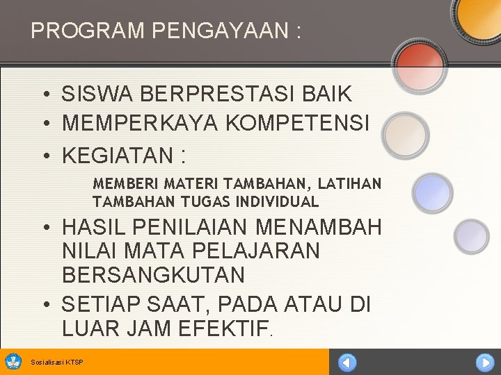 PROGRAM PENGAYAAN : • SISWA BERPRESTASI BAIK • MEMPERKAYA KOMPETENSI • KEGIATAN : MEMBERI