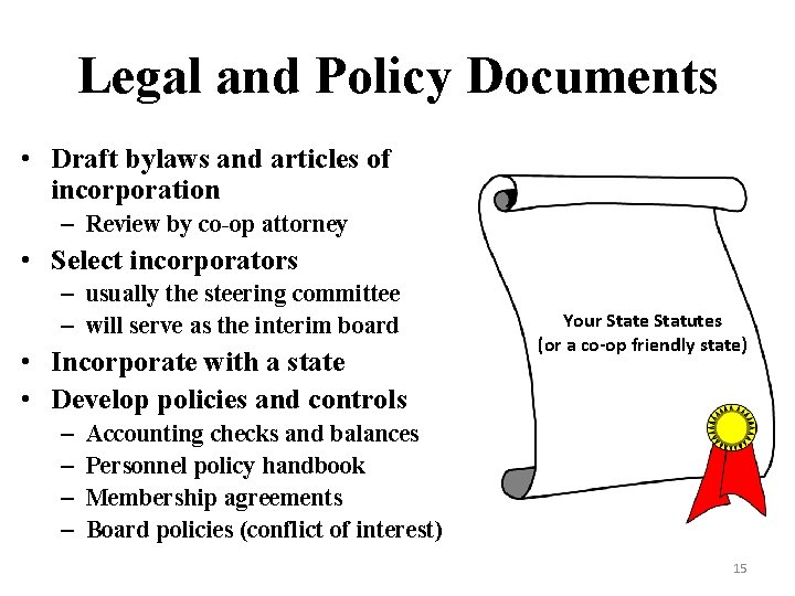 Legal and Policy Documents • Draft bylaws and articles of incorporation – Review by
