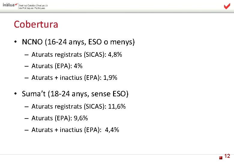 Cobertura • NCNO (16 -24 anys, ESO o menys) – Aturats registrats (SICAS): 4,