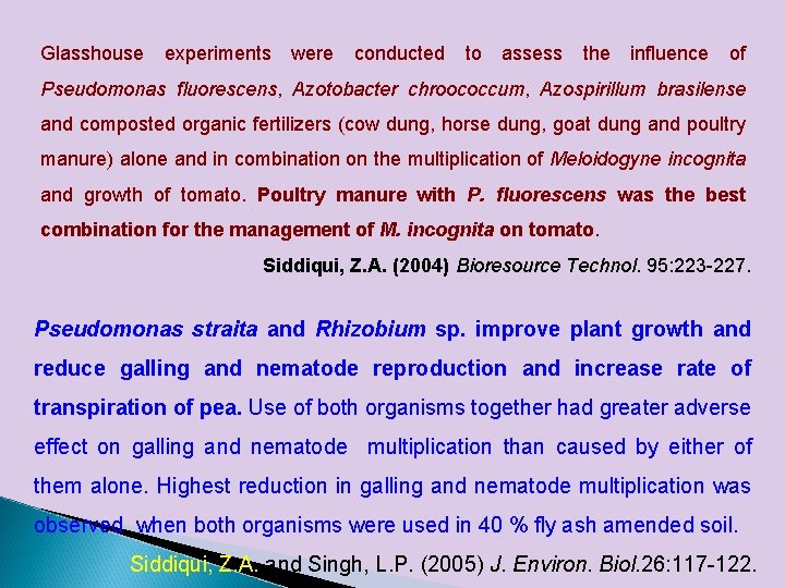 Glasshouse experiments were conducted to assess the influence of Pseudomonas fluorescens, Azotobacter chroococcum, Azospirillum