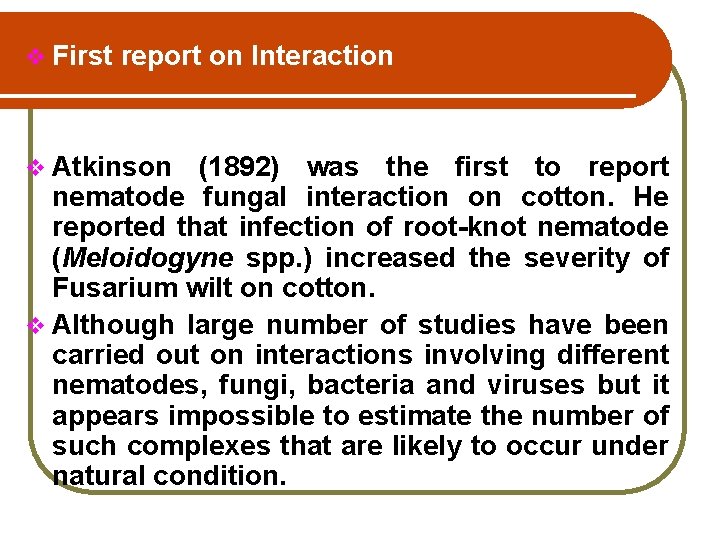 v First report on Interaction v Atkinson (1892) was the first to report nematode