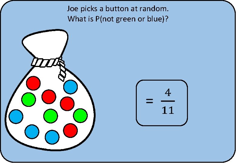 Joe picks a button at random. What is P(not green or blue)? 