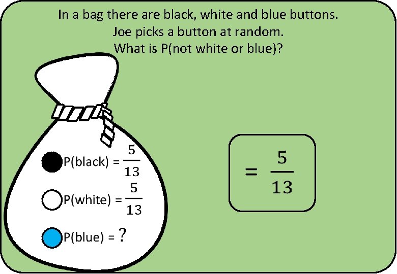 In a bag there are black, white and blue buttons. Joe picks a button