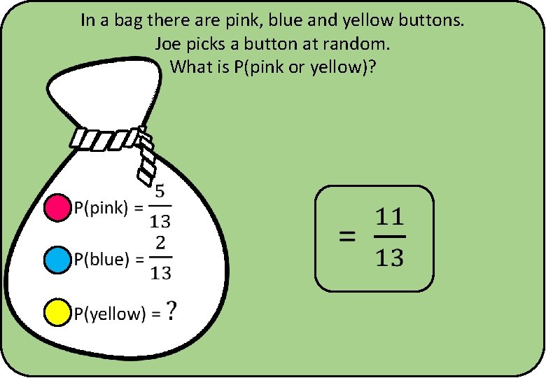 In a bag there are pink, blue and yellow buttons. Joe picks a button