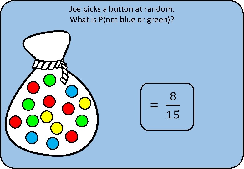 Joe picks a button at random. What is P(not blue or green)? 