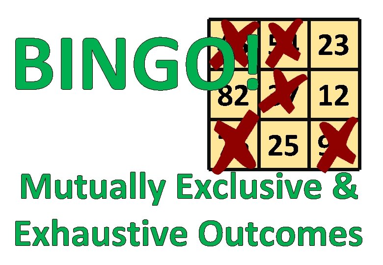 BINGO! 45 54 23 82 37 12 76 25 91 Mutually Exclusive & Exhaustive
