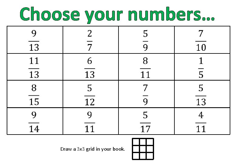 Choose your numbers… Draw a 3 x 3 grid in your book. 