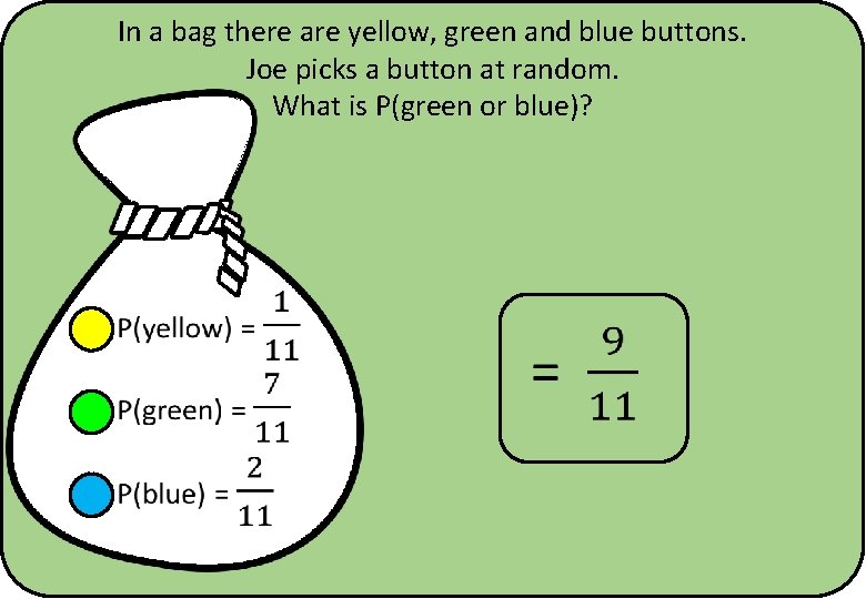 In a bag there are yellow, green and blue buttons. Joe picks a button