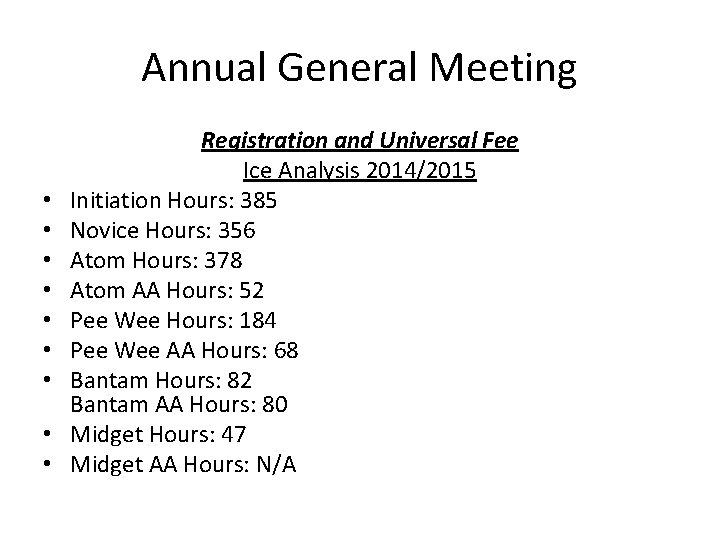 Annual General Meeting • • • Registration and Universal Fee Ice Analysis 2014/2015 Initiation