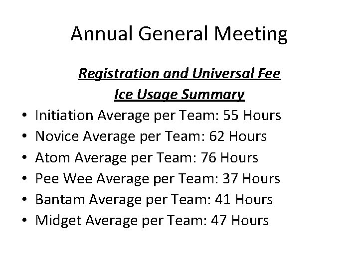 Annual General Meeting • • • Registration and Universal Fee Ice Usage Summary Initiation