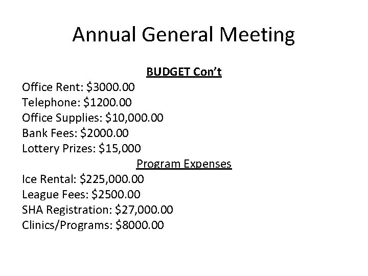 Annual General Meeting BUDGET Con’t Office Rent: $3000. 00 Telephone: $1200. 00 Office Supplies:
