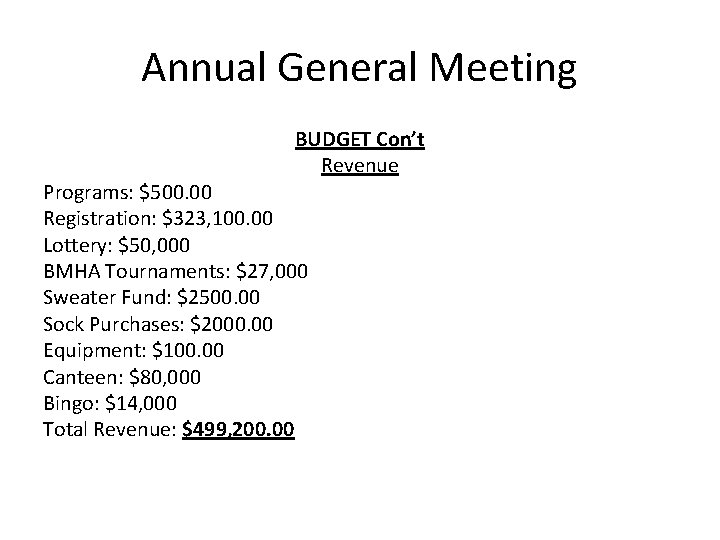 Annual General Meeting BUDGET Con’t Revenue Programs: $500. 00 Registration: $323, 100. 00 Lottery: