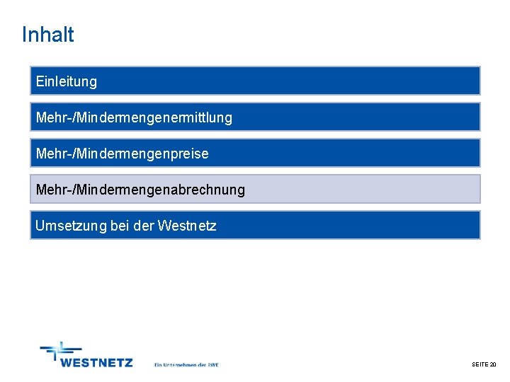 Inhalt Einleitung Mehr-/Mindermengenermittlung Mehr-/Mindermengenpreise Mehr-/Mindermengenabrechnung Umsetzung bei der Westnetz SEITE 20 