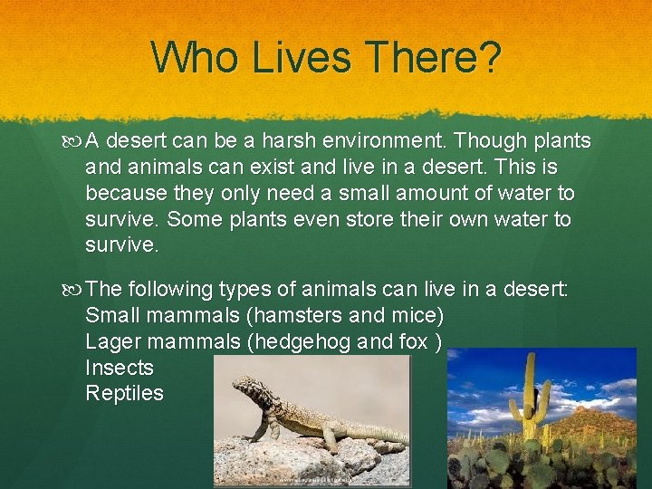 Who Lives There? A desert can be a harsh environment. Though plants and animals