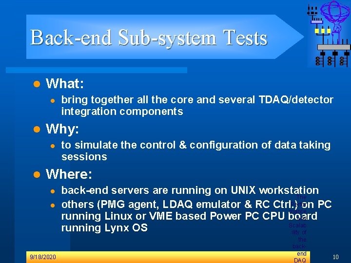 Back-end Sub-system Tests l What: l l Why: l l bring together all the Back-end Sub-system Tests l What: l l Why: l l bring together all the