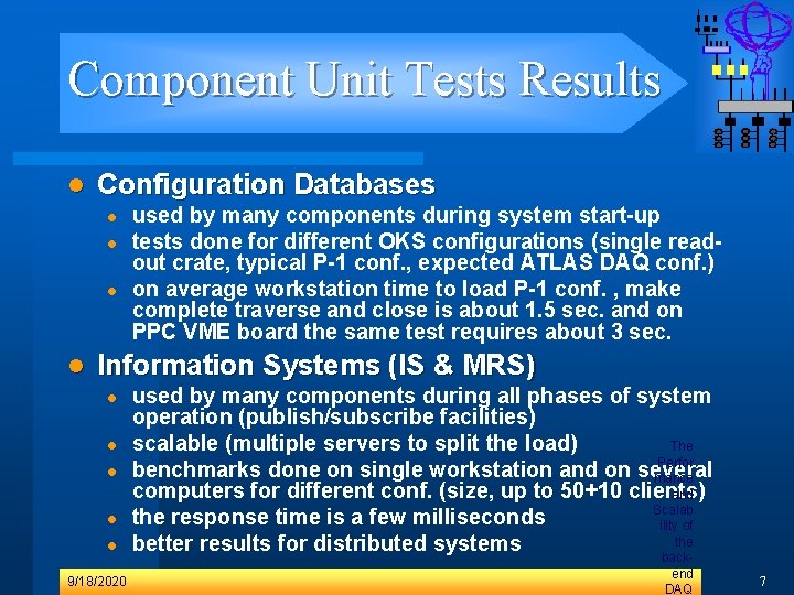 Component Unit Tests Results l Configuration Databases l l used by many components during Component Unit Tests Results l Configuration Databases l l used by many components during