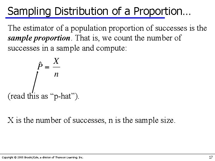 Sampling Distribution of a Proportion… The estimator of a population proportion of successes is