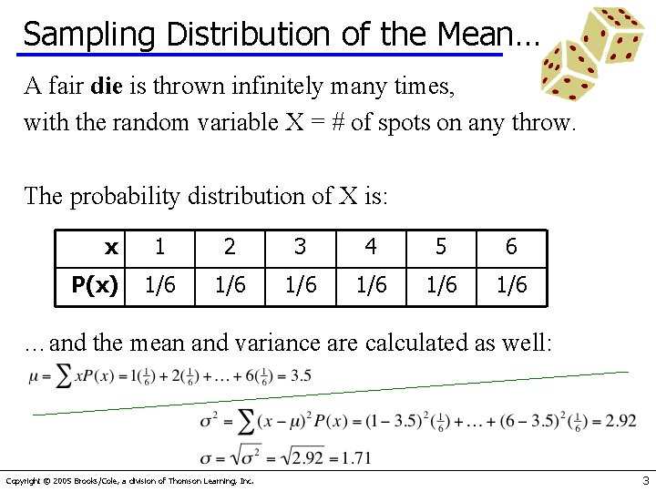 Sampling Distribution of the Mean… A fair die is thrown infinitely many times, with