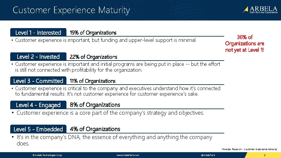 Customer Experience Maturity Level 1 - Interested 19% of Organizations • Customer experience is