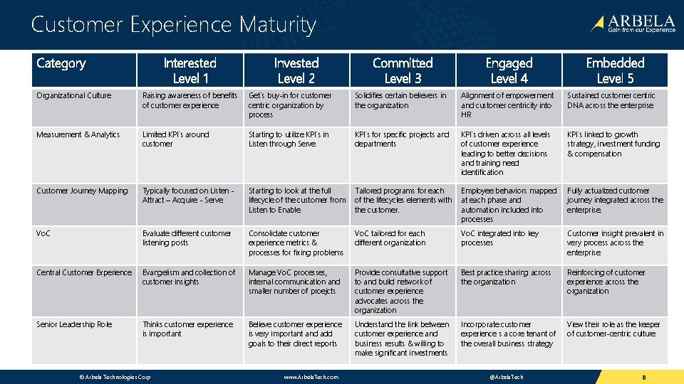 Customer Experience Maturity Category Interested Level 1 Invested Level 2 Committed Level 3 Engaged